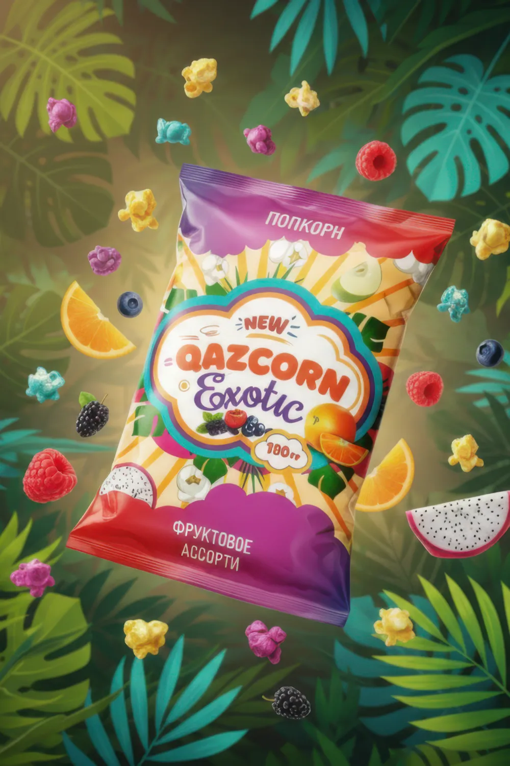 Пачка QAZCORN Exotic среди тропических листьев, ягод и цветного попкорна