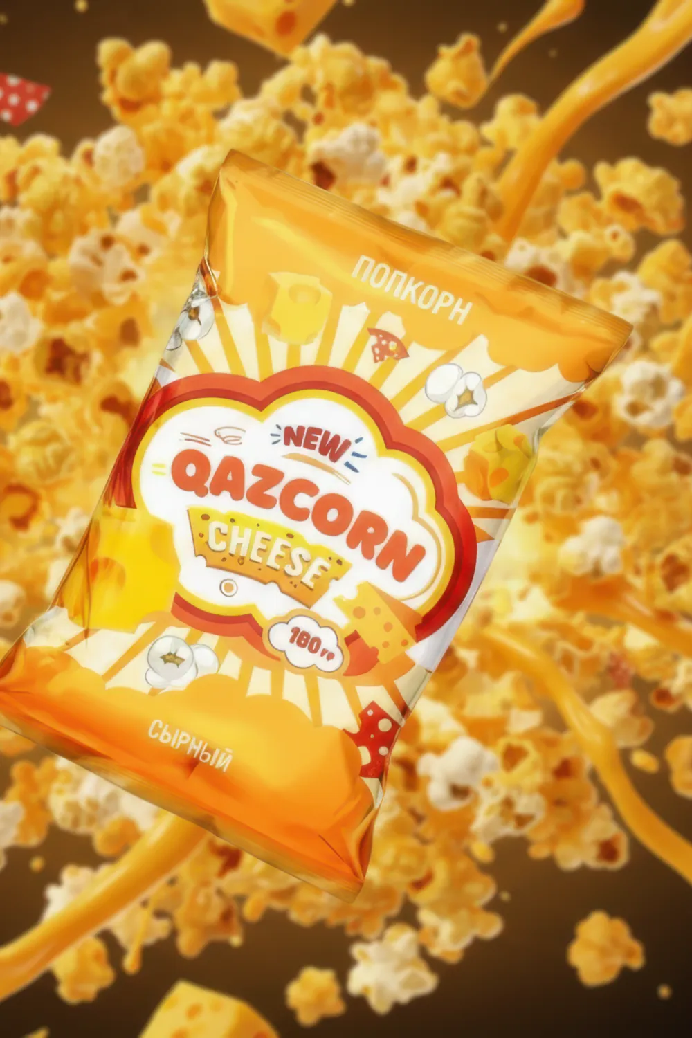 Пачка QAZCORN Cheese во взрыве сырного попкорна